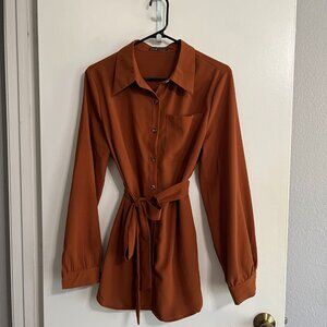 Terracotta, Button Up, Tie Belt Dress Shirt